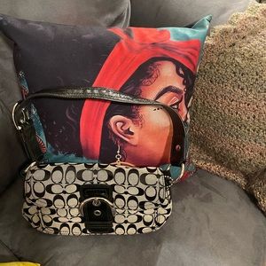 Coach Soho Signature Collection C Gray Fabric Black Leather Shoulder Bag